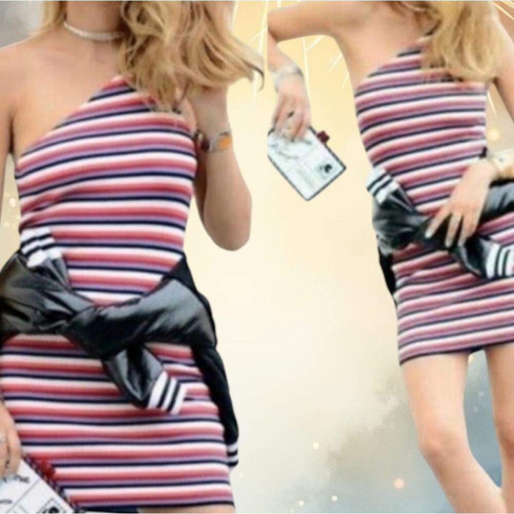 Zara Dress One Shoulder Mini Striped Stretchy Ribbed Body Con Summer Par… - Picture 16 of 16